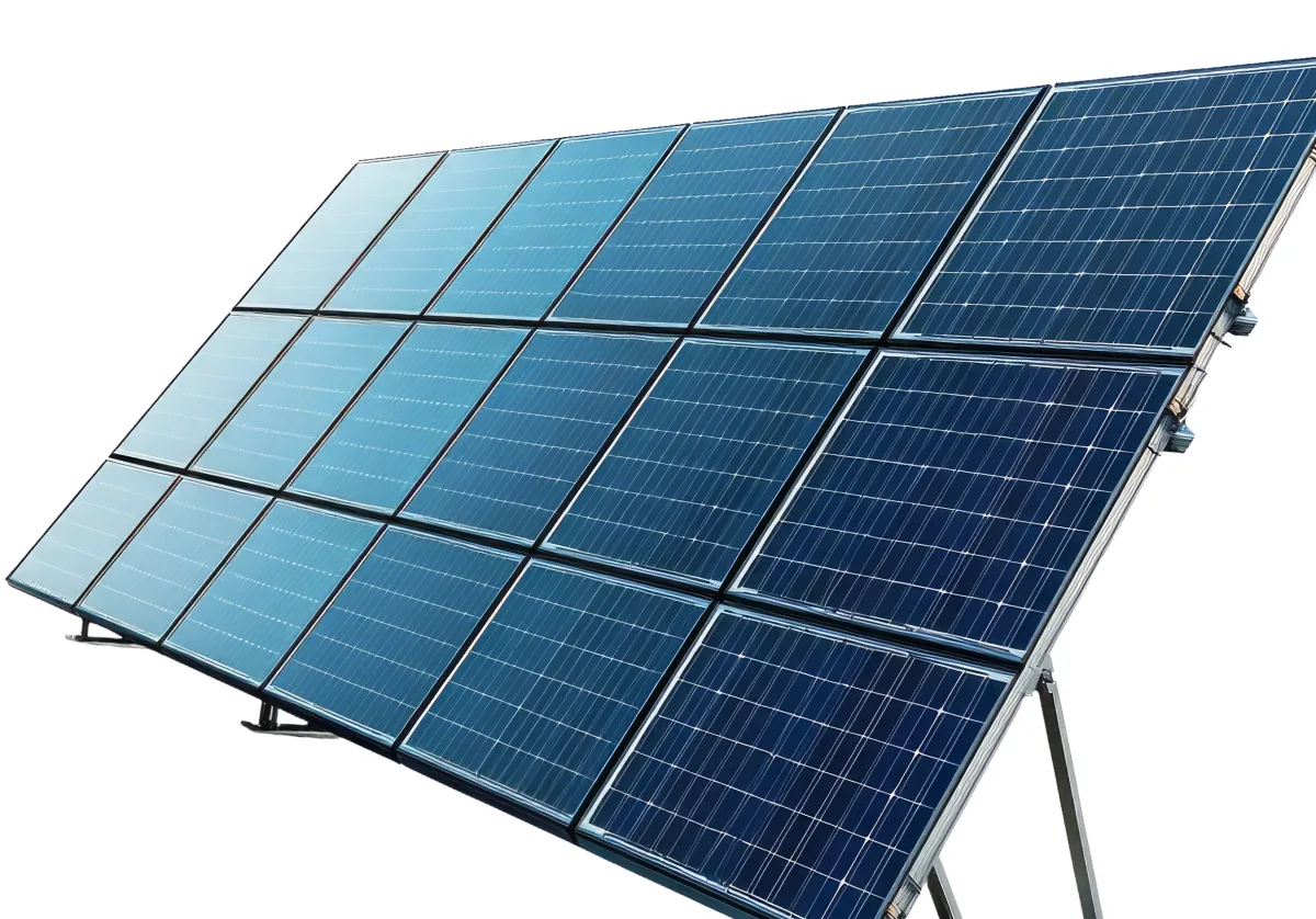 Ground-mounted solar panel array at dusk