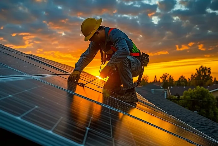 Technician installing solar panels on a roof at sunset